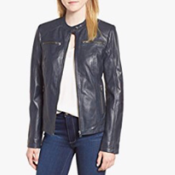 Genuine Leather Navy Blue Motorcycle Jacket - Picture 2 of 6